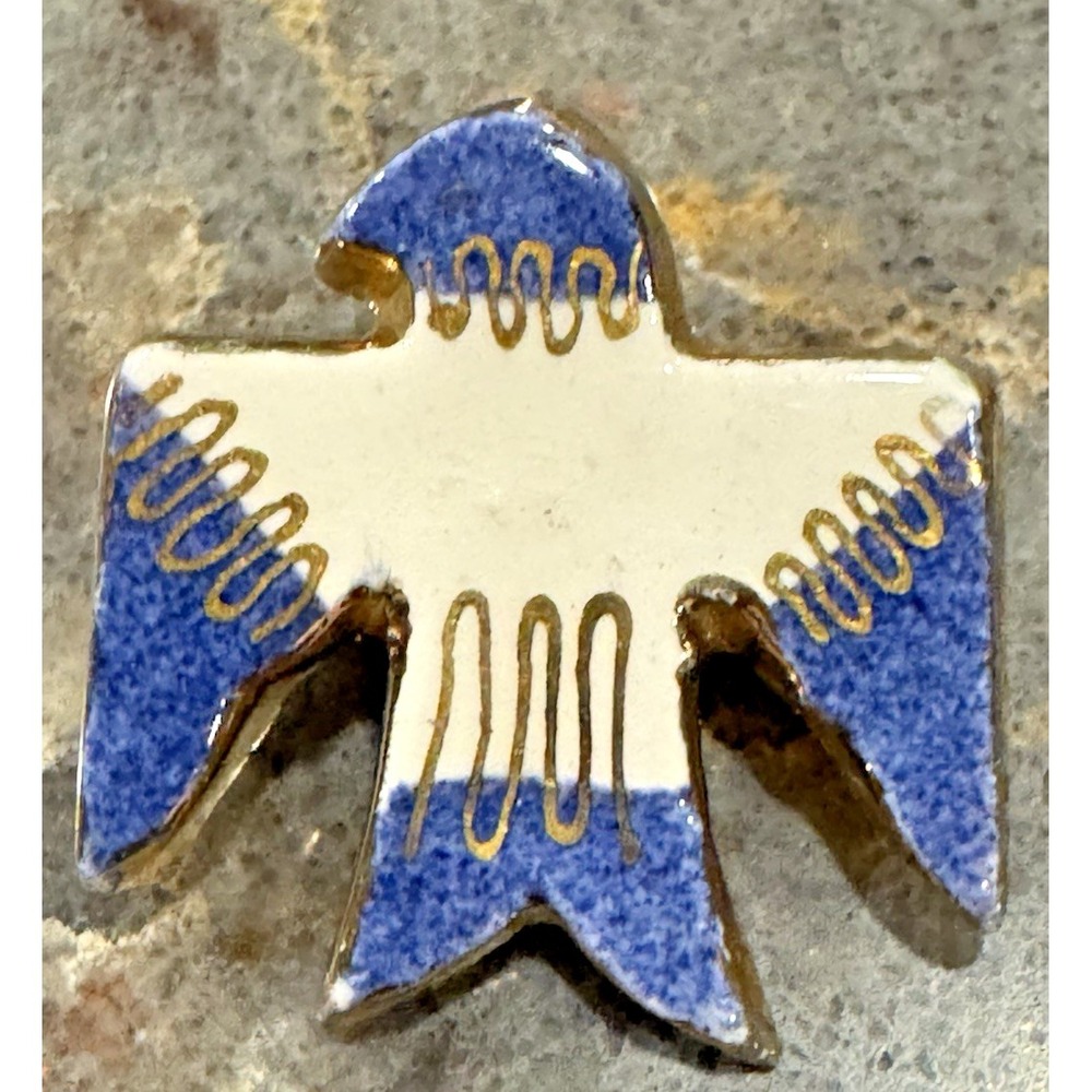Vintage Thunderbird Brooch Blue White Enamel Gold Tone Native American Style